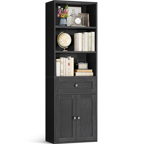 Casaottima Book Shelf & Bookcase with Doors and Drawer, 6-Tier Tall Bookshelf, Floor Standing Display Storage Shelves for Home Office, Living Room, Black Casaottima