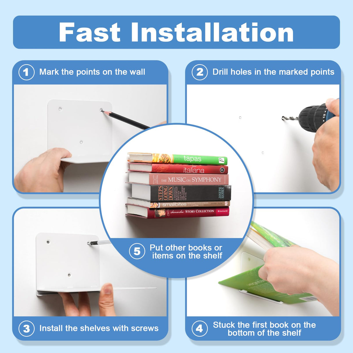 FENTEC Floating Book Shelves for Wall, Wall Mounted Invisible Floating Bookshelf, Heavy-Duty Hanging Bookshelves, Hidden Book Shelf Metal Wall Book Holder for Bedroom Home Office, 6-Pack White FENTEC