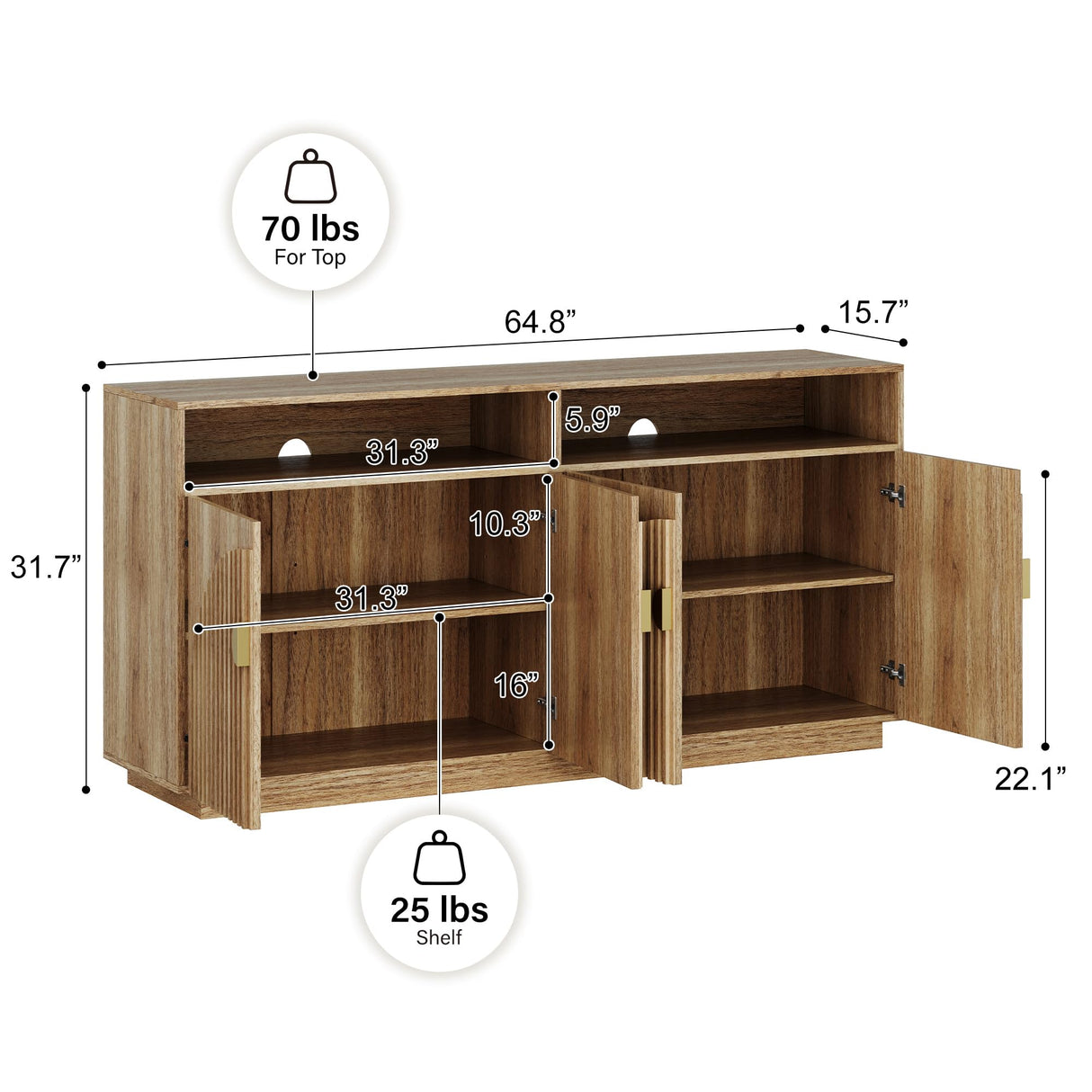 BELLEZE 65 Inch Fluted TV Stand, Mid Century Modern Entertainment Center with Storage Cabinets & Open Shelves, Media Console TV Cabinet with Adjustable Shelves for Living Room, Caramel Brown BELLEZE