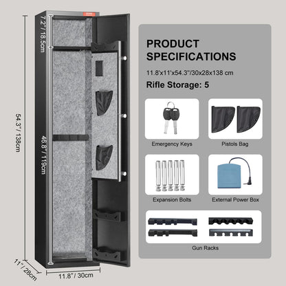 VEVOR 5 Rifles Gun Safe, Rifle Safe with Fingerprint Lock, Quick Access Gun Storage Cabinet for Shotguns with Removable Shelf & Pistol Rack