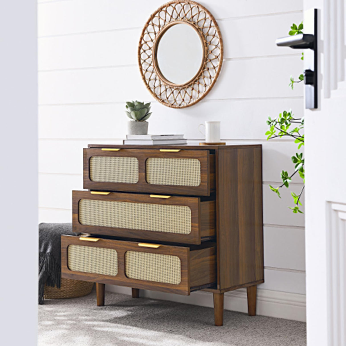 SPOFLYINN 3 Rattan Drawer Dresser with 3 Wide Drawers, Metal Handles Modern Rattan Dresser Cabinet for Bedroom, Living Room, Hallway, Entrance Farmhouse Storage Drawer Chest Walnut As Shown SPOFLYINN