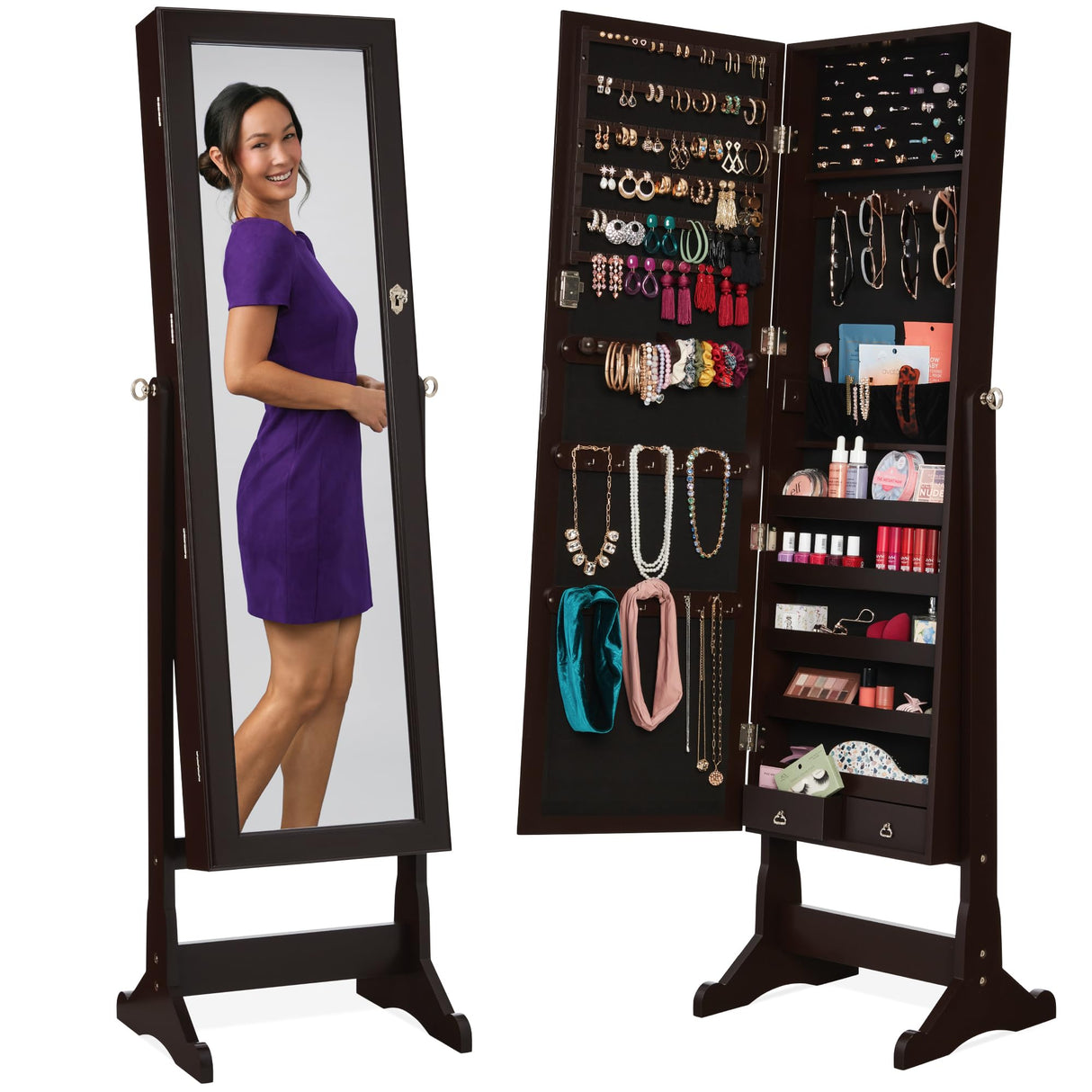 Best Choice Products Freestanding Jewelry Armoire Cabinet, Full Length Standing Mirror, Lockable Makeup Storage Organizer, w/Velvet Lining, 3 Angles, Lock, Accessory Pouch, 5 Shelves - Espresso Best Choice Products