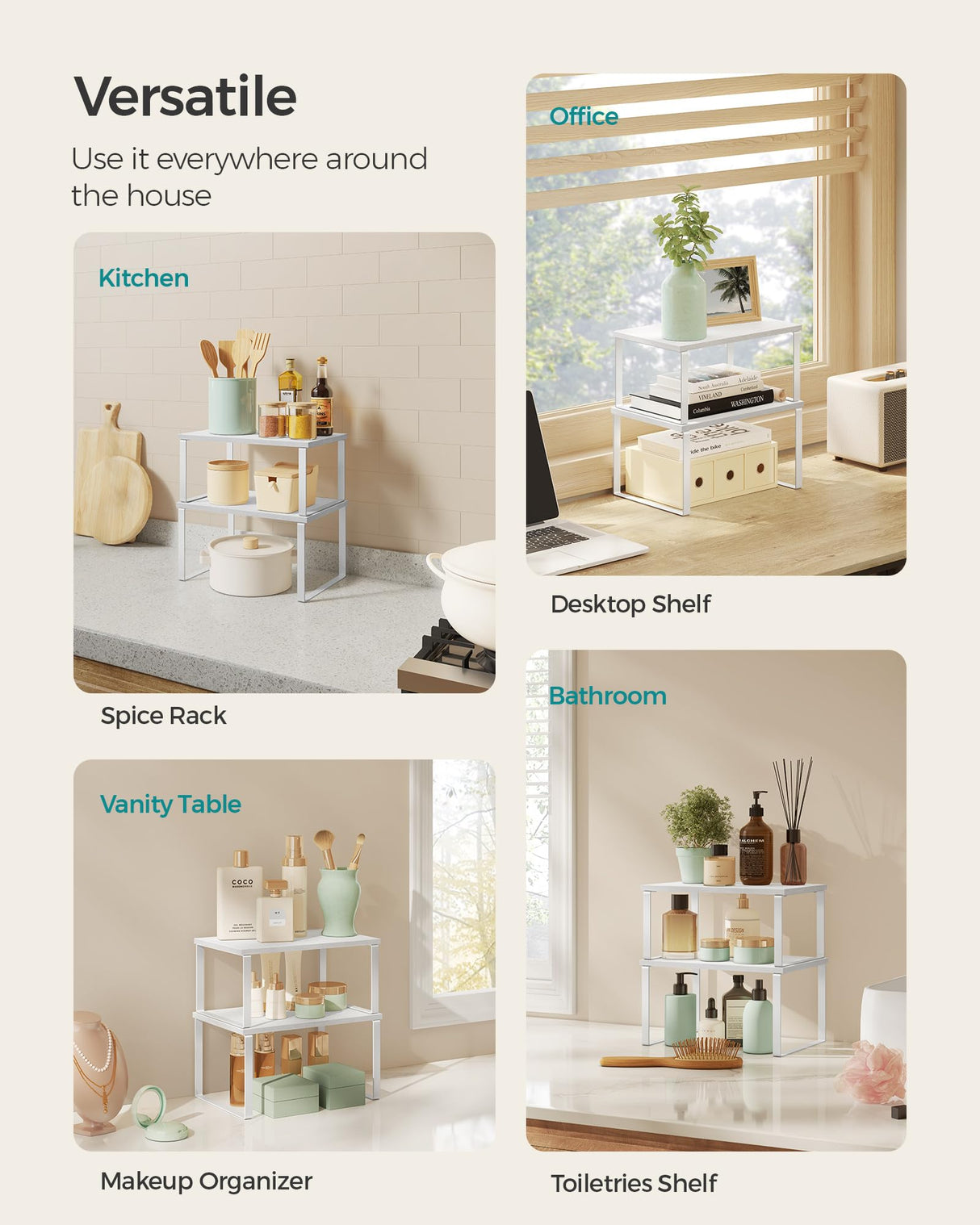 SONGMICS Cabinet Organizer Shelf, Set of 4 Kitchen Counter Shelves, Kitchen Storage, Spice Rack, Stackable, Expandable, Metal and Engineered Wood, Cloud White and Snow White UKCS027W01 SONGMICS