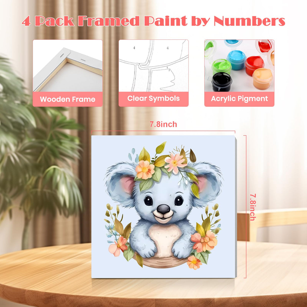 MISCER 4 Pack Animals Paint by Numbers for Kids Adults, Cartoon Paint by Number Kits for Kids, DIY Animals Oil Painting Suitable for Home Decoration (8x8inch) MISCER