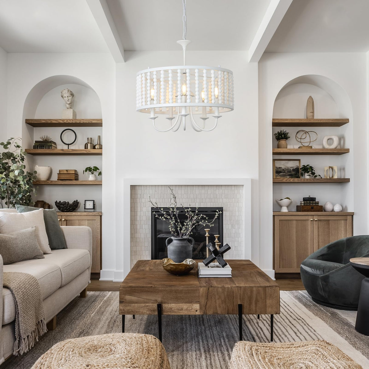 LAMSU Farmhouse Chandeliers for Dining Room, 5-Light Boho Wood Chandelier Light Fixture with Solid Wooden Beaded Shade, Modern Drum Chandeliers for Living Room Kitchen Island Bedroom Foyer, White LAMSU