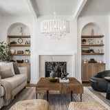 LAMSU Farmhouse Chandeliers for Dining Room, 5-Light Boho Wood Chandelier Light Fixture with Solid Wooden Beaded Shade, Modern Drum Chandeliers for Living Room Kitchen Island Bedroom Foyer, White LAMSU