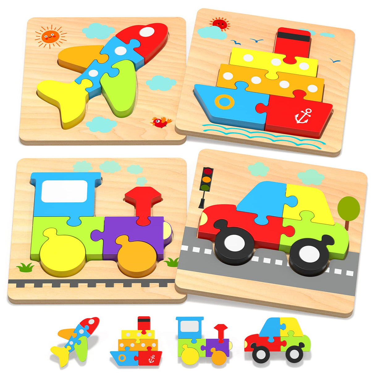 Yetonamr Wooden Toddler Puzzles Gifts Toys for 1 2 3 Years Old Boys Girls, 4 Vehicle Shape Montessori Toys Educational Blocks Kids Toys Gift Baby Learning Toy Age 1-3, 2-4 Yetonamr