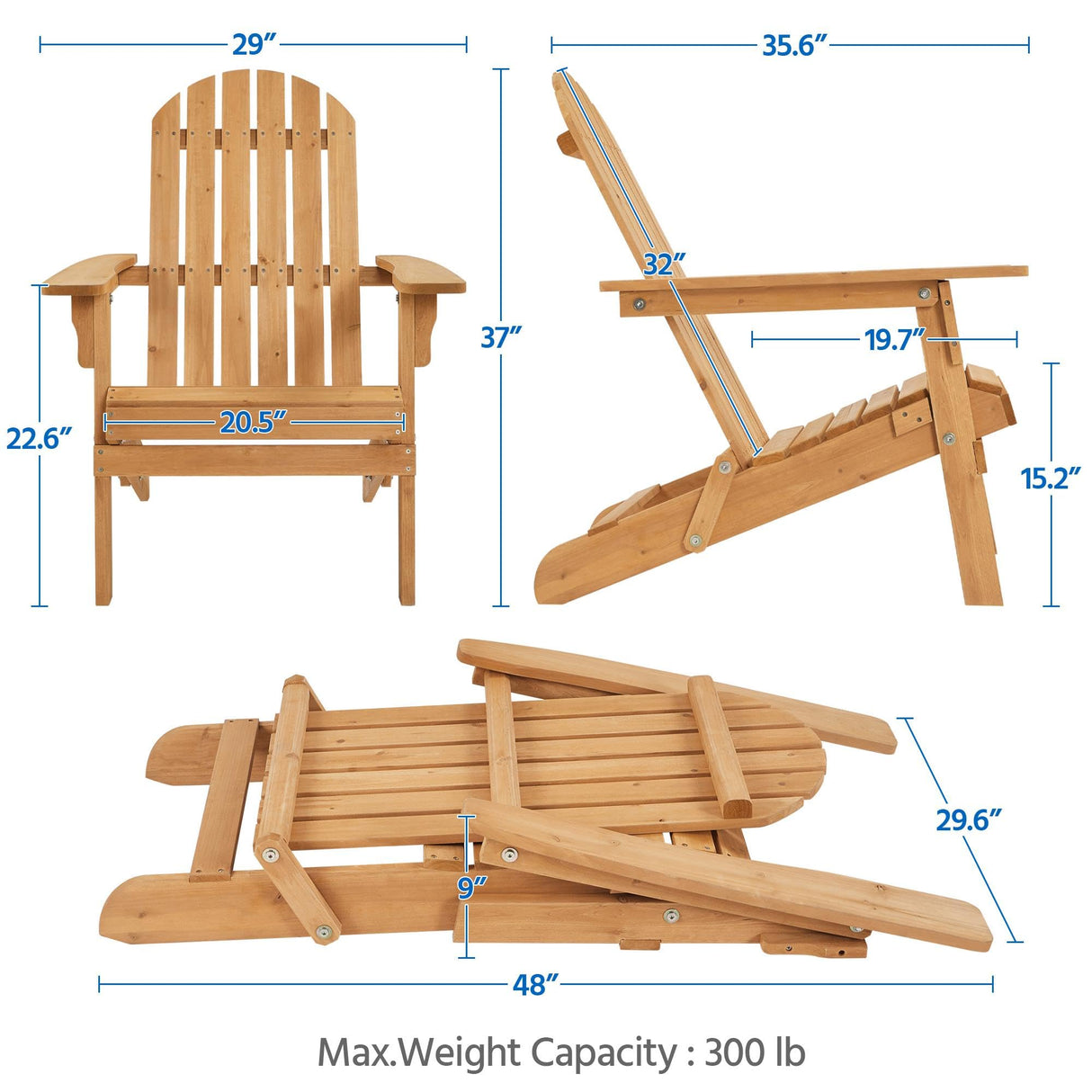 Yaheetech Folding Adirondack Chair Set of 1 Outdoor, 300LBS Solid Wood Garden Chair Weather Resistant, Fire Pit Lounge Chairs for Garden/Yard/Patio/Lawn, Natural Wood Yaheetech