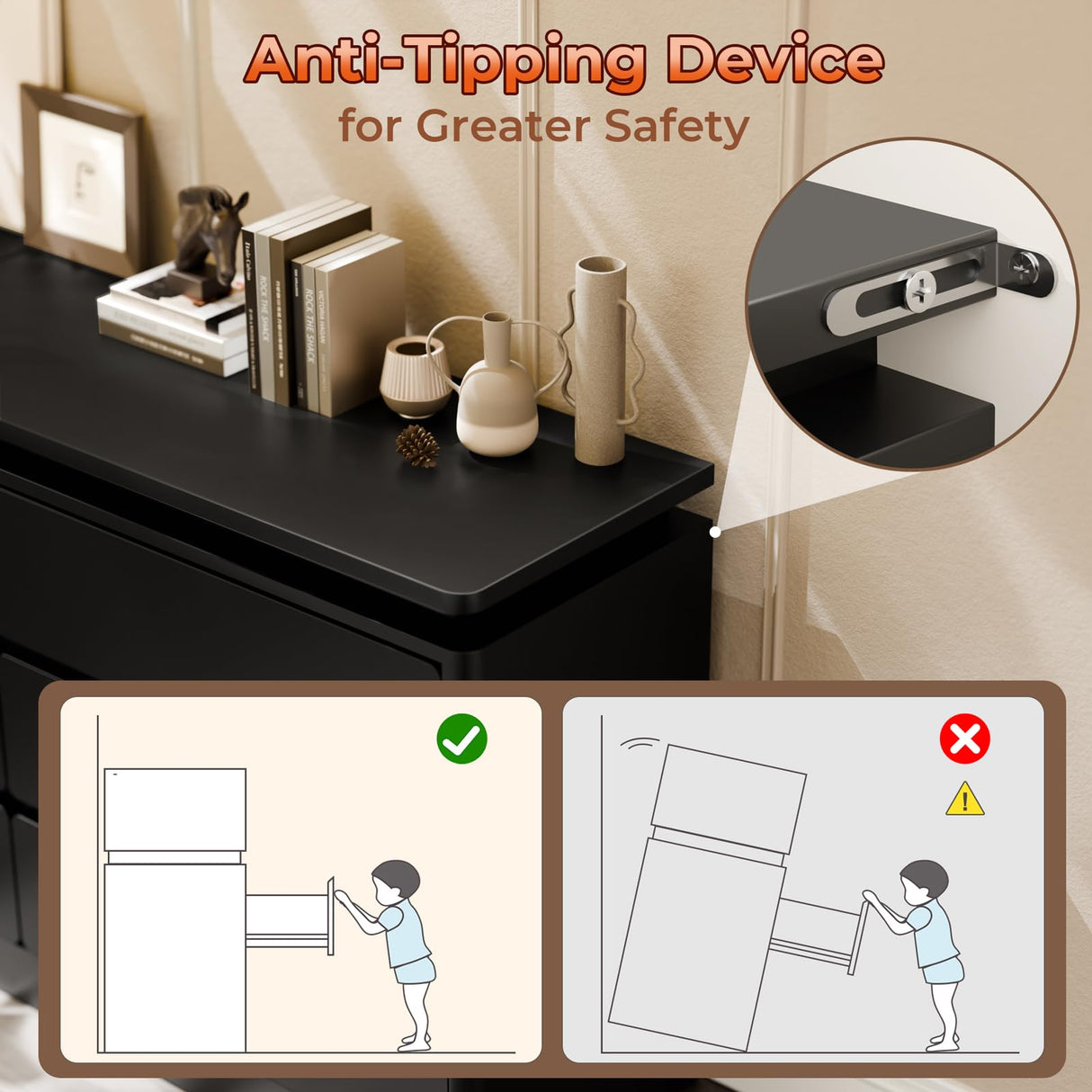 Gyfimoie 6 Drawer Black Dresser for Bedroom, 47.2" Long Chest of Drawers with Charging Station & LED Lights, Double Wooden Storage Cabinet for Closet,Modern Dresser TV Stand with Deep Drawers Gyfimoie