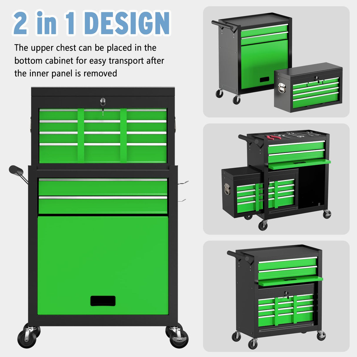 Granper 8 Drawer High Capacity Rolling Tool Chest, Metal Tool Box with Wheels and Drawers, Detachable Toolbox with Lock, Heavy Duty Tool Cabinet for Workshop, Warehouse and Garage (Black Green) Granper