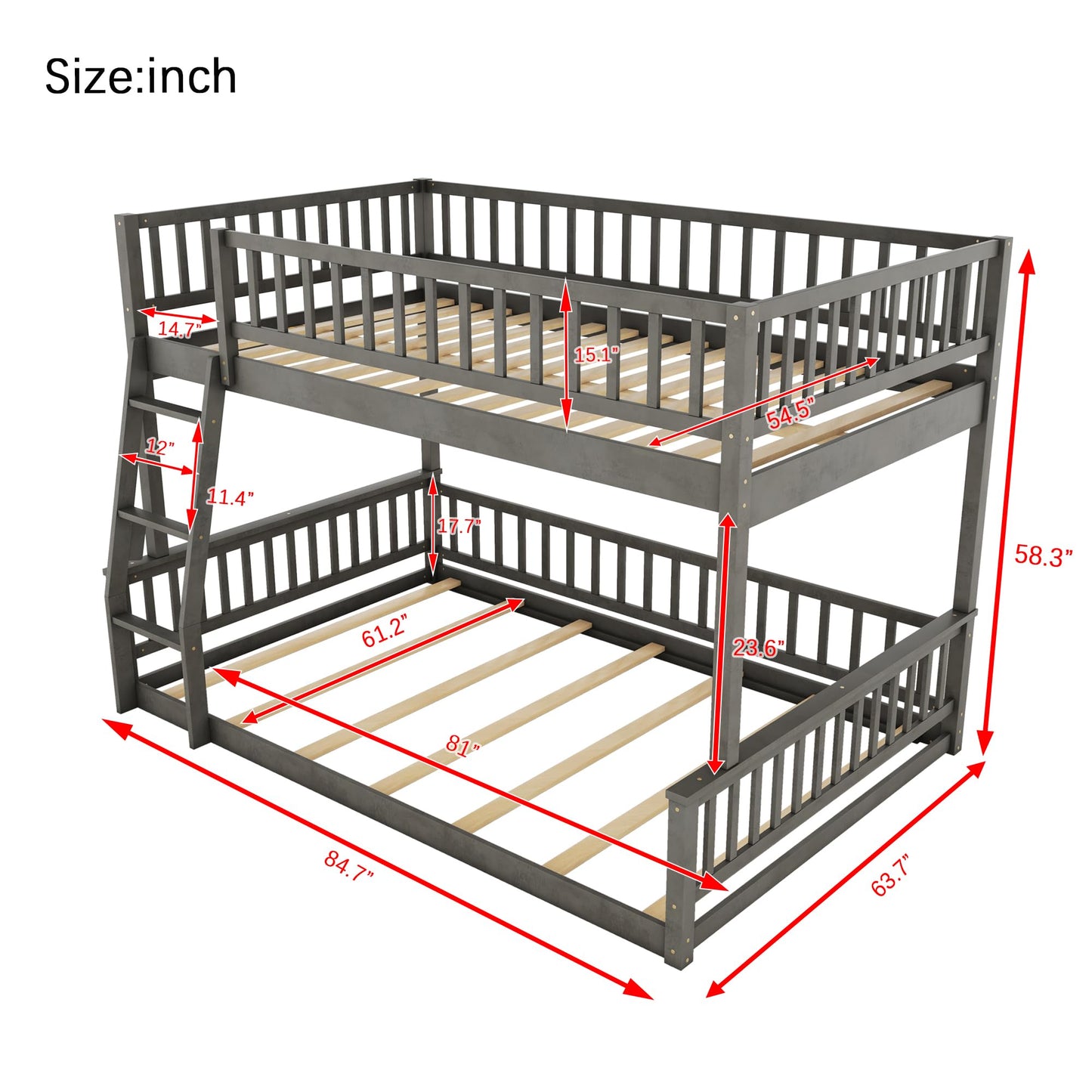 Merax Wooden Bunk Bed Full XL Over Queen for Adults Teens, Full XL Over Queen Bunk Beds with Incline Ladder and Guardrails, Bunk Beds Can Be Divided into 2 Platform Beds, Wood Slats, Grey