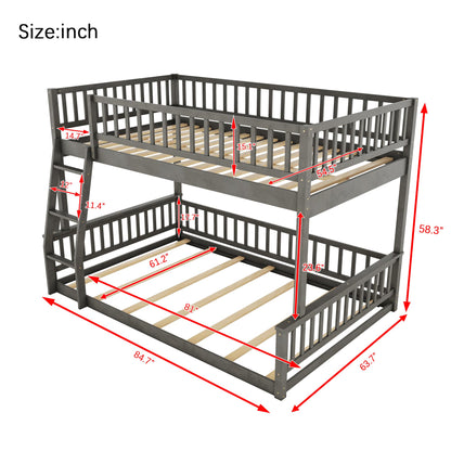 Merax Wooden Bunk Bed Full XL Over Queen for Adults Teens, Full XL Over Queen Bunk Beds with Incline Ladder and Guardrails, Bunk Beds Can Be Divided into 2 Platform Beds, Wood Slats, Grey