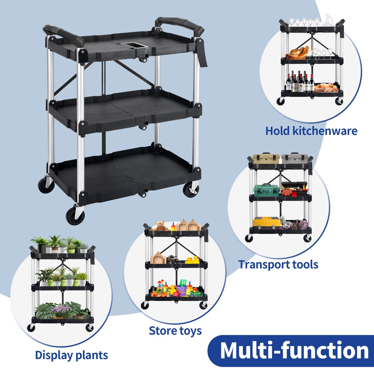 UNICOO® Heavy Duty 3-Tier Collapsible Rolling Cart, Folding Utility Cart, 550lbs Capacity, Lockable & Silent Wheels, Compact & Foldable, Easy Clean & Storage for Restaurant, Office, Garage (Black) UNICOO