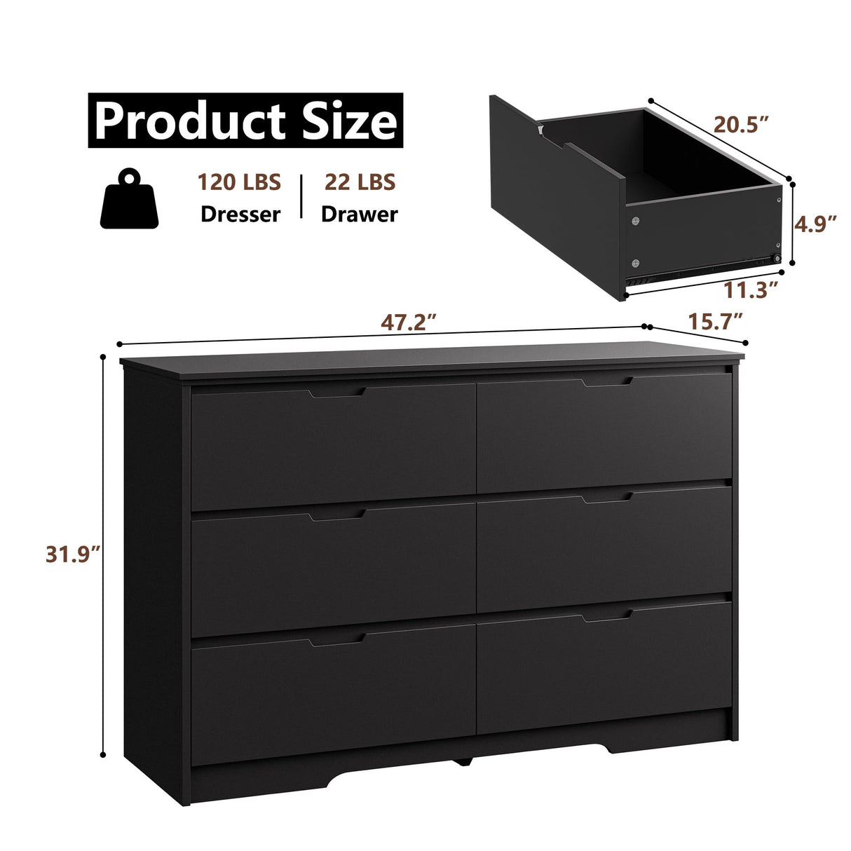 6 Drawers Black Dresser for Bedroom, Wood Large Double Dresser with Hidden Handles, Modern Dressers & Chests of Deep Drawers for Hallyway, Entryway Tradare