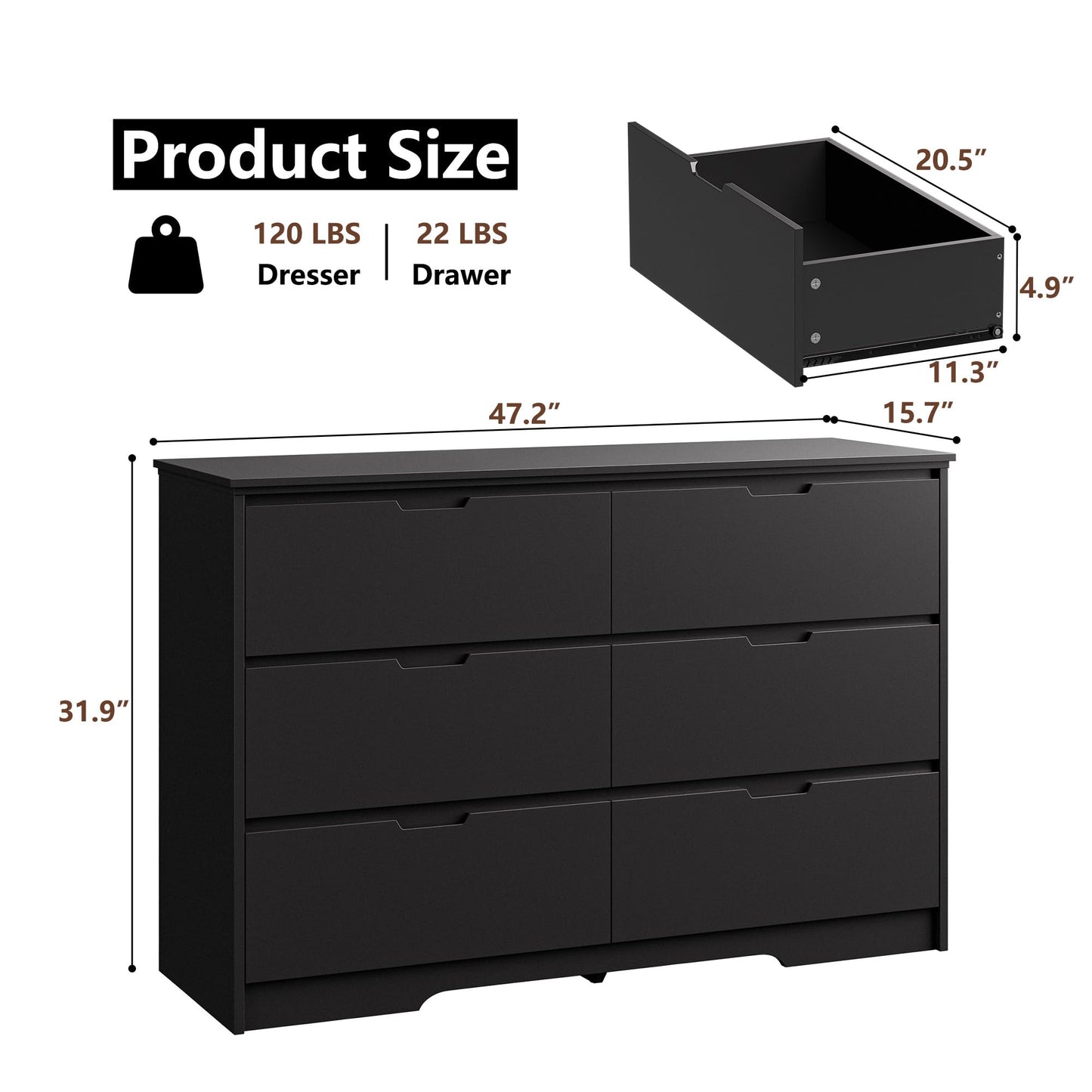 6 Drawers Black Dresser for Bedroom, Wood Large Double Dresser with Hidden Handles, Modern Dressers & Chests of Deep Drawers for Hallyway, Entryway