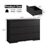 6 Drawers Black Dresser for Bedroom, Wood Large Double Dresser with Hidden Handles, Modern Dressers & Chests of Deep Drawers for Hallyway, Entryway Tradare