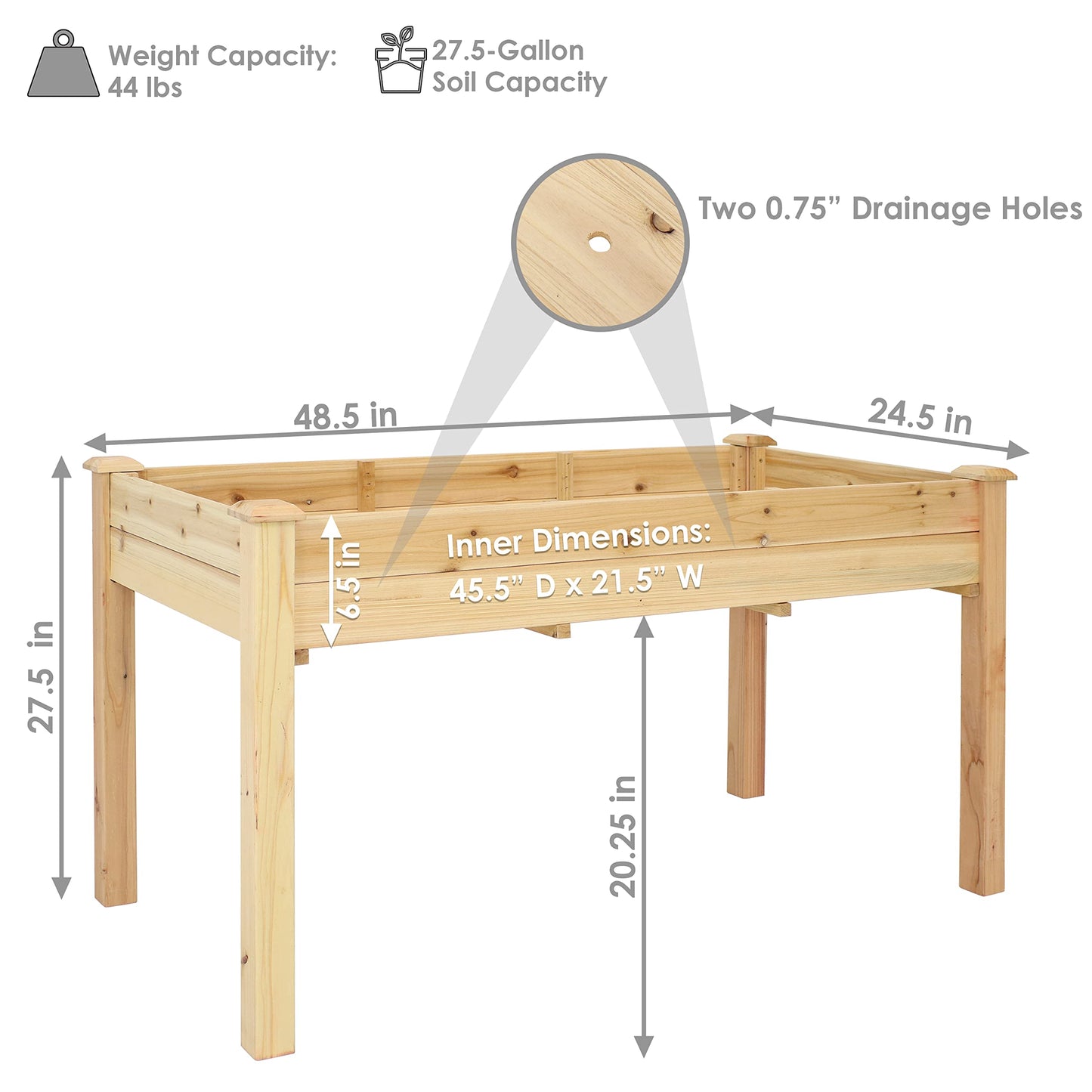 Sunnydaze 48.5-Inch Wood Raised Garden Bed - Outdoor Rectangular Elevated Planter Box with 2 Drainage Holes