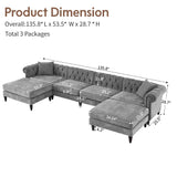 U Shaped Chesterfield Sofa, Oversized Sectional Linen Couch, Chaise Ottoman Sofa Upholstered Accent Tufted Couch with Rolled Armrest and Nailhead Design for Living Room, Office - Grey ORRD