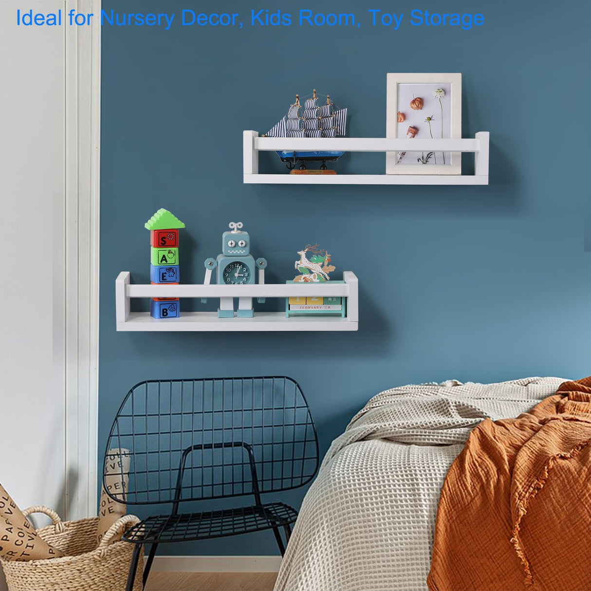 JORIKCHUO Nursery Book Shelves | Set of 2 Wood Floating Shelves for Kids Room, Kitchen Spice Rack, or Rustic Wall Mounted | Farmhouse Bathroom Décor (Rustic White). JORIKCHUO