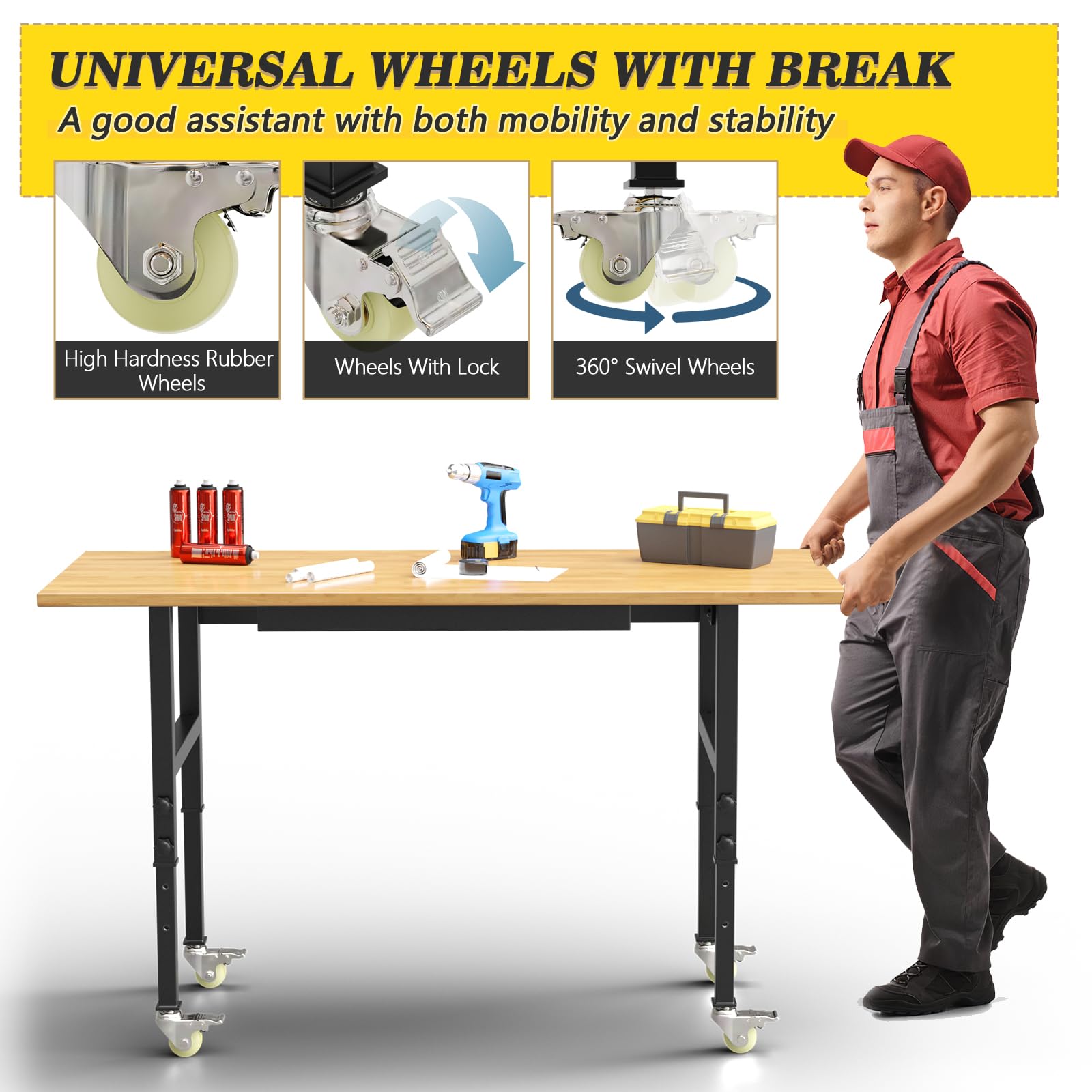 60" Adjustable Heavy Duty Work Bench with Drawers, Rubber Wood Top Workbench, Rolling Worktable with Power Outlet and Wheels, 2200 Lbs Capacity Hardwood Workstation for Garage, Workshop, Offi - WoodArtSupply