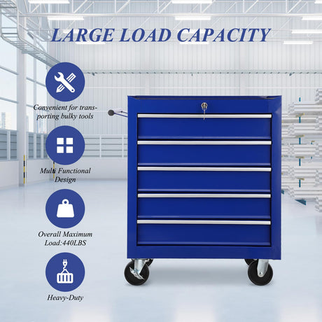 5 Drawer Rolling Tool Box,Blue Locking Tool Chest With Drawers,Tool Cabinets On Wheels for Garage Storage,Warehouse,Workshop,Repair Shop Mechanic Tool Cart BouPower