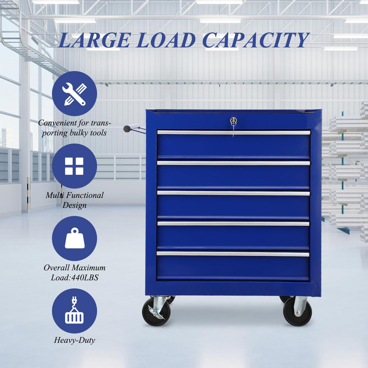 Metal Rolling Tool Chest With Wheels,Tool Storage Cabinet With Locking System,Toolbox With Wheels For Garage,Warehouse,Workshop (Blue Tool Chest with 5 Drawers) MegaChoice