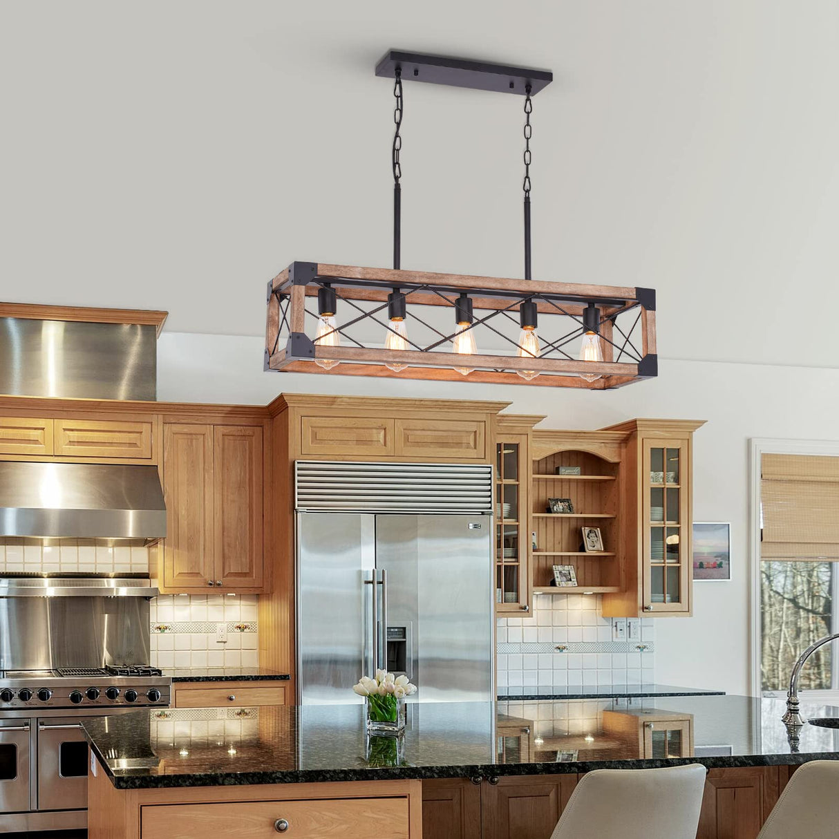 Bribyit Farmhouse Kitchen Island Lighting, 5-Light Dining Room Light Fixture, Farmhouse Linear Chandelier with Solid Wood for Dining Room Kitchen Bar Pool Table Bribyit