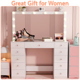 Vanity Desk with Power Outlet, Makeup Vanity with Mirror and 14 LED Light, 3 Lighting Modes,11 Drawer Vanity Table with Sliding Jewelry Storage, Glass Top, Specular Surface, White wanan