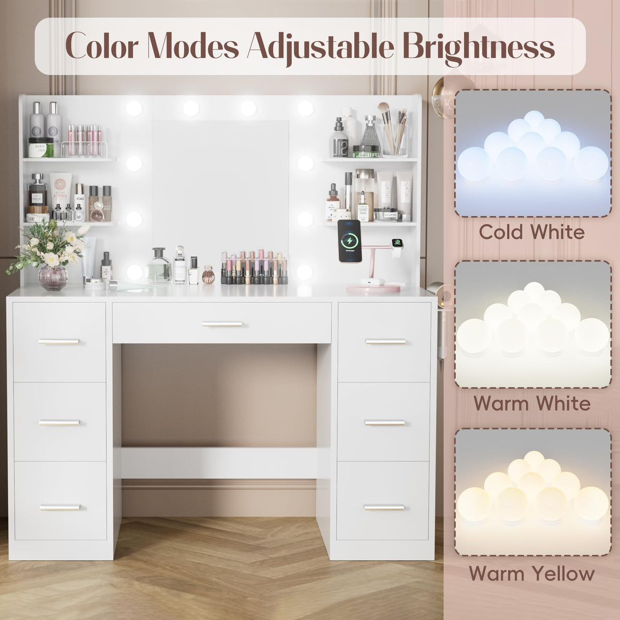YESHOMY Vanity Desk with Mirror, Power Outlet and 10 Lights, Makeup Table with 7 Drawers, 3 Color Modes Available for Bedroom, Light White YESHOMY