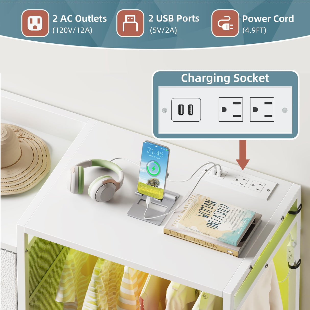 HIGDBFE 8-Drawer Dresser with Hanging Rack, Fabric Dresser with Charging Station & LED Lights, 42" W Dressers with Wooden Top for Clothes Storage, Fabric Chest of Drawers for Bedroom, White HIGDBFE