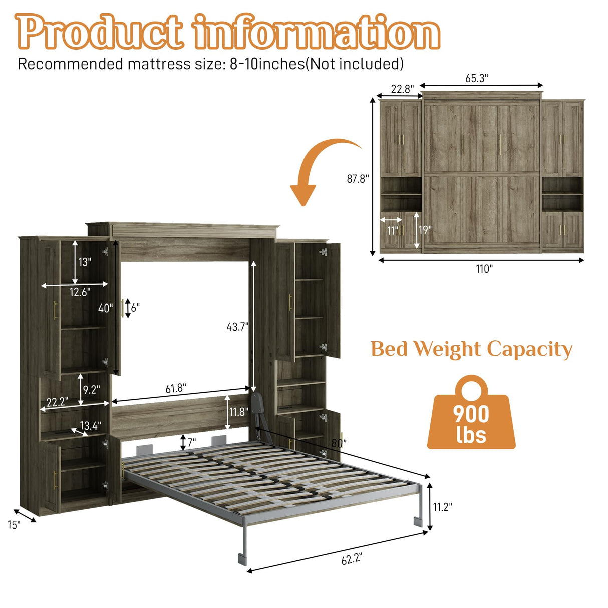 Rophefx Murphy Bed Queen with 2 Side Cabinet Storage Shelves, Queen Wall Bed Cabinet with USB Port, Wood Foldable Platform Bed Frame, Space Saving Beds, Modern Hidden Bed for Guest Room, Home, Grey Rophefx