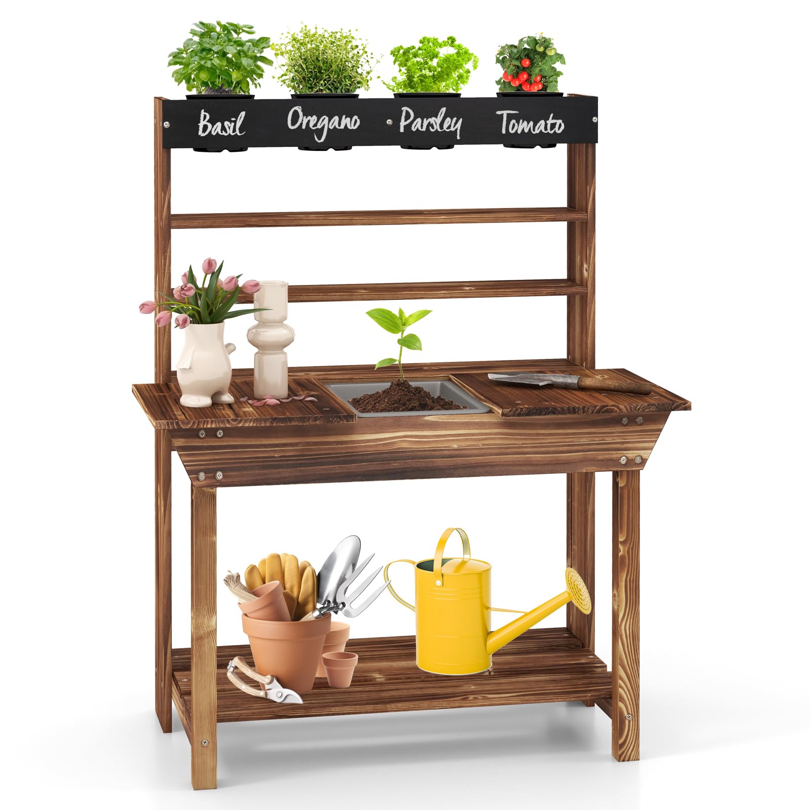 Costzon Kids Potting Bench, Wood Toy Gardening Center with 4 Pots, Chalkboard, Removable Sink, Storage Shelves, Mud Kitchen for Kids Outdoor Play Kitchen, Gift for Boys Girls 3+ - WoodArtSupply