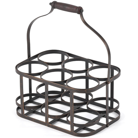 Metal Wine Bottle Carrier, 6 Bottle Wine Basket, Wine Caddy Rack with Wood Handle, Vintage Metal Wine Storage Basket Bottle Holder, Farmhouse Decorative Wine Display Stand for Bar BBQ Picnic Milk Ironlux