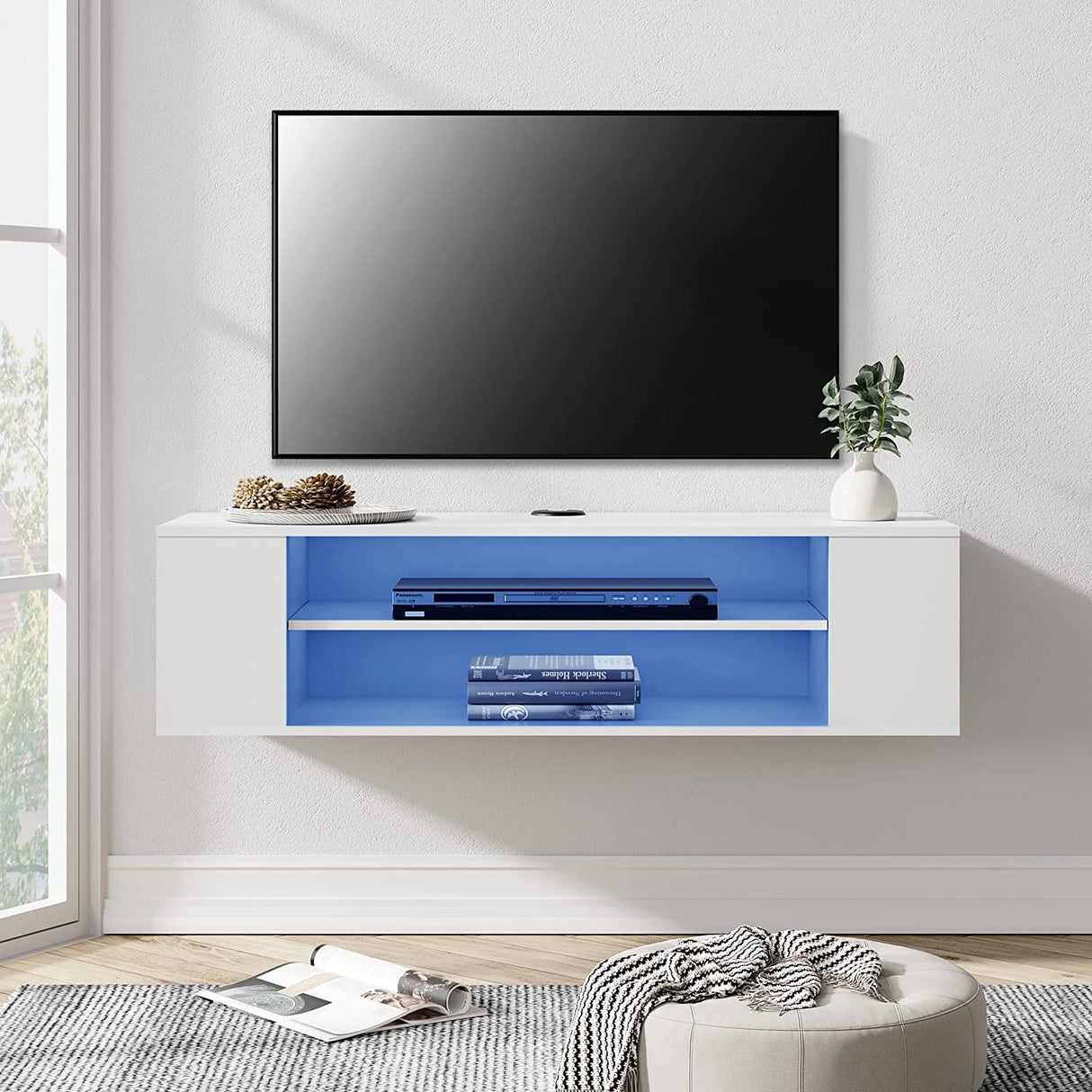 WAMPAT White Floating TV Stand with Blue LED Lights, Floating Entertainment Center Wall Mounted, Floating TV Media Console with Storage Under TV for Living Room,White,39 Inch WAMPAT
