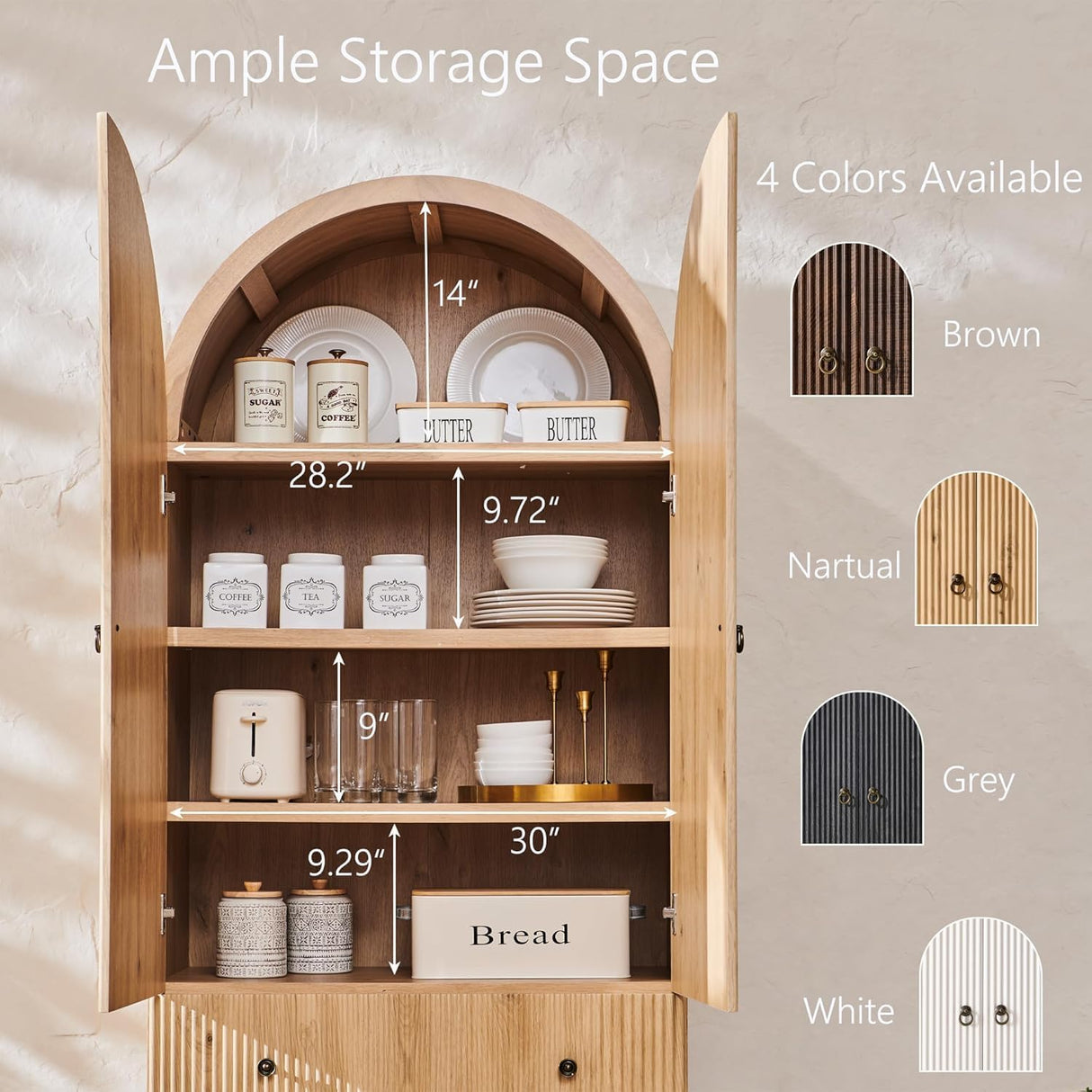 IFGET Fluted Arched Pantry Cabinet, 71" Tall Kitchen Storage Pantry Cabinet with Adjustable Shelves and 2 Large Drawers, Freestanding Morden Versatile Cupboard for Living Room, Bathroom, Natrual IFGET