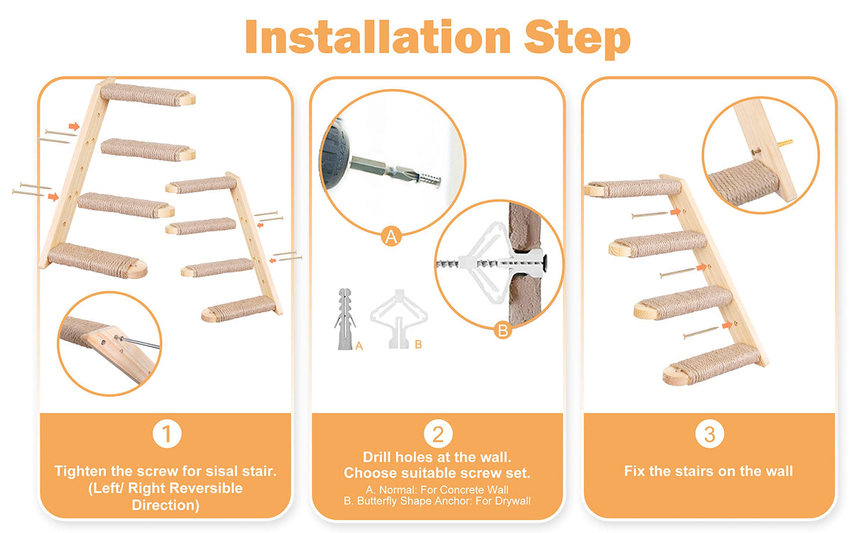 PELUOMOZ Cat Climbing Shelves Wall Mounted 2PCS Four Steps Reversible Left & Right Direction, Cat Shelf Stairway for Wall with Jute Scratching Ladder Shelves Pet Furniture for Perch Sleeping PELUOMOZ