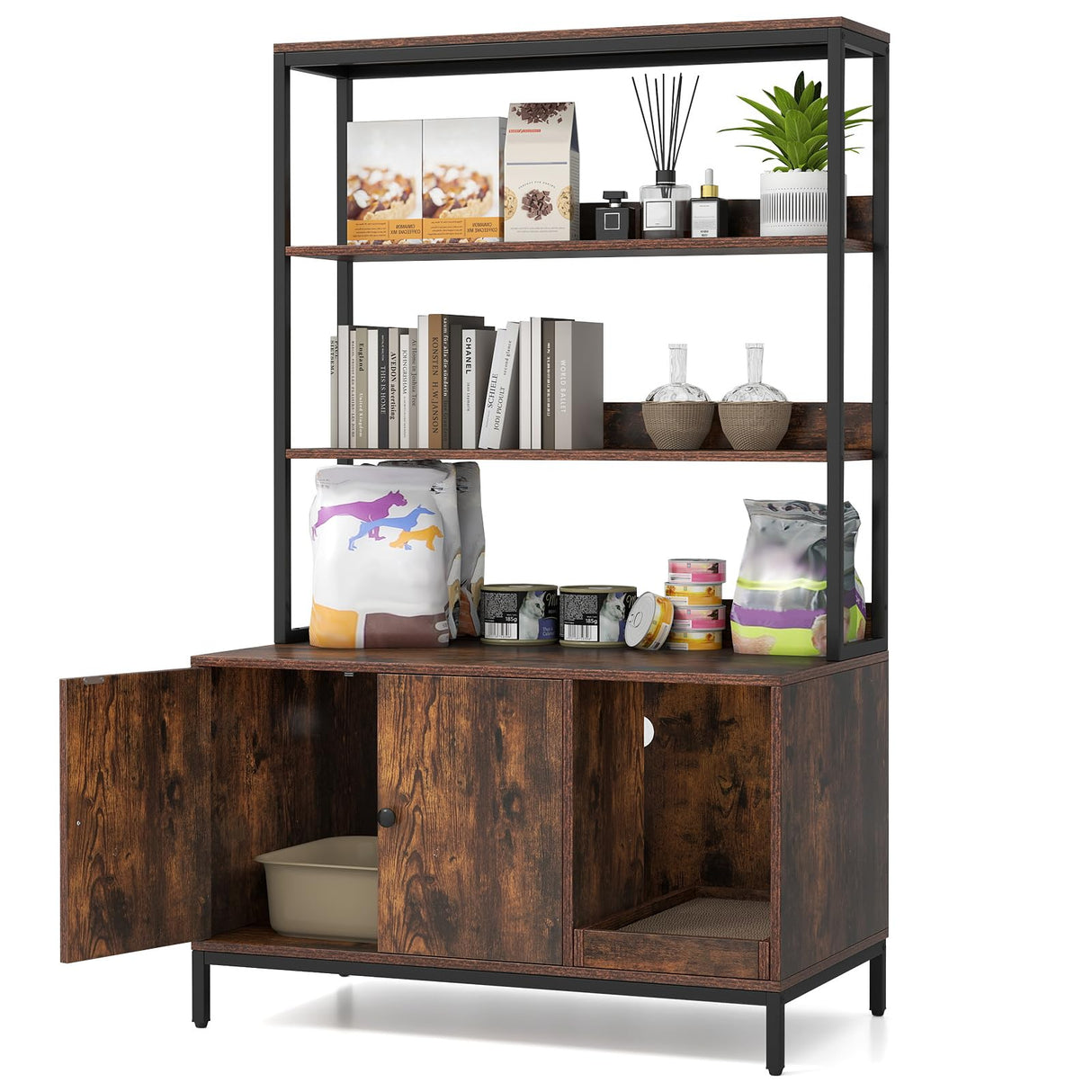 PETSITE Cat Litter Box Enclosure with Storage, 57 Inch Tall Hidden Litter Box with 2-Tier Shelves, Removable Scratching Pad, and Winding Entry, Solid Metal Framed (Rustic Brown) PETSITE