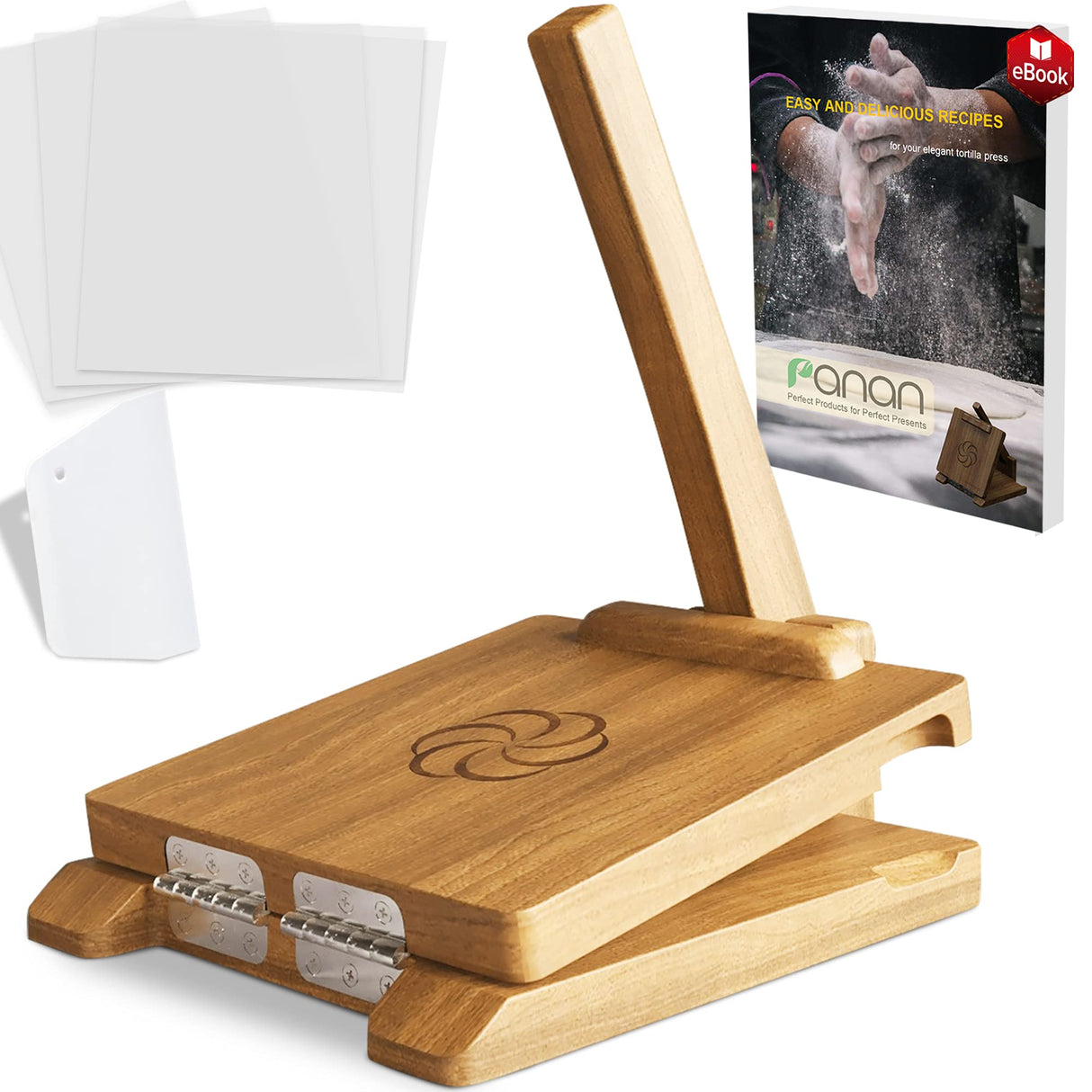 panan Wooden Tortilla Press Mexican Tortillera Presser Made from Natural Food-Grade Acacia Wood - Large Wood Pataconera with 50 Pieces Parchment Paper, Dough Cutter and Recipes eBook (Square 10") panan