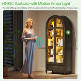 HNEBC Book Shelf with LED Lights, Arched Display Case with Storage Cabinet, Smart File Cabinet with Glass Door, Curio Cabinet with Solid Wood Legs for Home Office/Bedroom Furnniture-Brown HNEBC