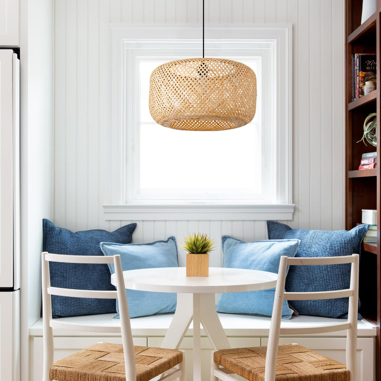 LUJOGUID 17.72in Bamboo Drum Light Rattan Wicker Hand Woven Lighting Fixture Boho Coastal Beach Chandelier Hanging Basket Lights for Kitchen Island Dining Room Restaurant Hallway Foyer LUJOGUID