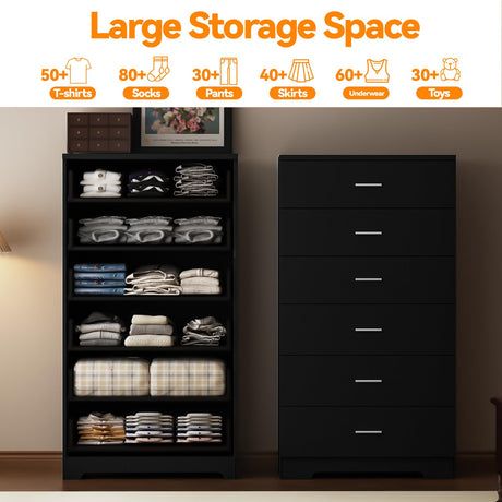 AXCIGOC 48" Tall Dresser for Bedroom Chest of Drawers with Power Outlets Wood 6 Drawers Dresser with Large Storage Space and Metal Handles Modern Closet Storage Drawer for Living Room Hallway Black AXCIGOC