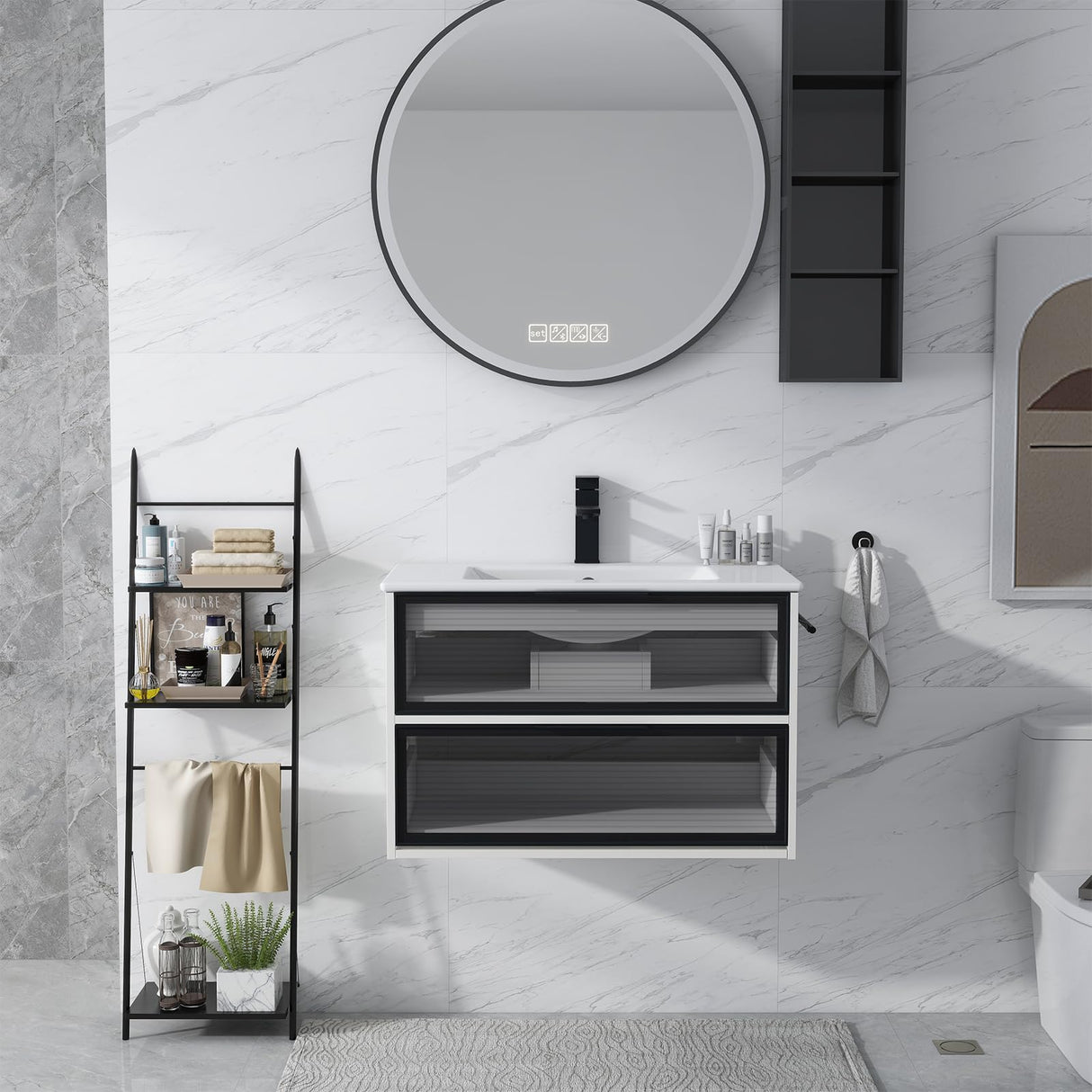 YOURLITE 30” Floating Bathroom Vanity with Sink Combo, Modern Wall Mounted Cabient with 2 Glass Doors Drawers Storage, Undermount Bathroom Ceramic Sink & Soft Closing Doors & Black Faucet YOURLITE