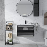 YOURLITE 30” Floating Bathroom Vanity with Sink Combo, Modern Wall Mounted Cabient with 2 Glass Doors Drawers Storage, Undermount Bathroom Ceramic Sink & Soft Closing Doors & Black Faucet YOURLITE