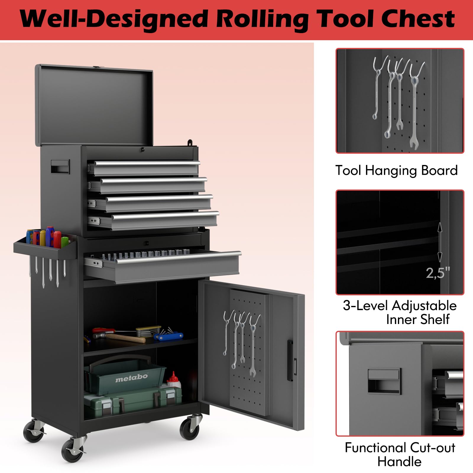 Goplus Tool Chest, 5 Drawers Rolling Tool Cabinet with Detachable Top Toolbox, Universal Lockable Wheels, Lock Bar, Protective Liner & Tool Rack, Metal Tool Storage Cart, Tool Box for Garage  - WoodArtSupply