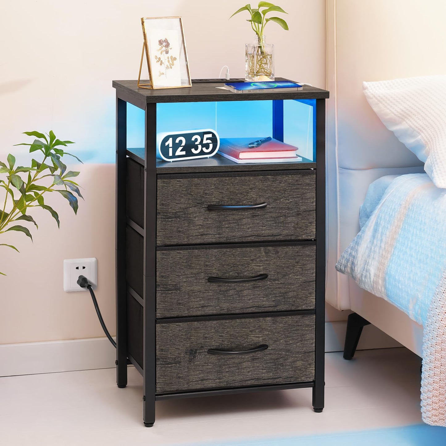 Yoobure Night Stand with Charging Station, 20 Colors LED Nightstand with USB Ports and Outlets, End Table with 3 Fabric Drawers and Storage Shelf, Bedside Tables Small Dresser for Small Space - WoodArtSupply