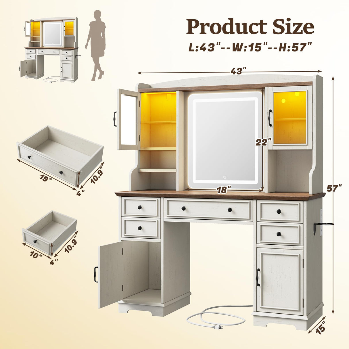 EnHomee Vanity Desk with Mirror and Lights, 43" White Makeup Vanity Desk with 5 Drawers & 2 RGB Glass Cabinets, Adjustable 3 LED Lights for Bedroom, Farmhouse Dressing Table for Women EnHomee