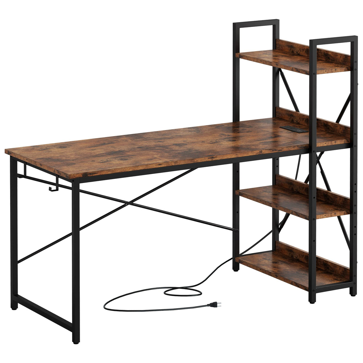 IRONCK Computer Desk 55" with Power Outlet and Storage Shelves, Study Writing Table with USB Ports Charging Station, PC Desk Workstation for Home Office, Rustic Brown IRONCK