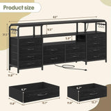 busyaeh 65 Inch Tv Stand with 12 Drawers for 55 65 70 in Tv Stands with Led Lights & Charging Station, 63" Dresser Tv Stand with Open Shelves & 6 Metal Hooks for Bedroom Living Black busyaeh