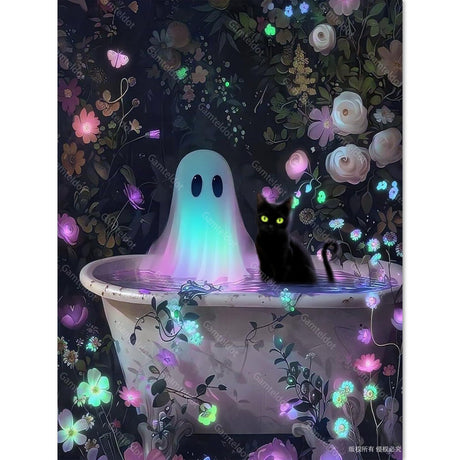 Gamteldot Ghost Diamond Art Kits for Adults Beginners,Halloween Diamond Art DIY 5D Round Full Drill Black Cat Diamond Painting with Full Tools,Diamond Dots Art Crafts for Home Wall Decor Gift-12x16in Gamteldot