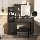 Vabches Vanity Makeup Mirror Desk with Stool,Makeup Vanity Set with 6 Drawers and Shelves,Vanity Table with Power Strip,Vanity Mirror 3 Lighting Color Adjustable,Black Vabches